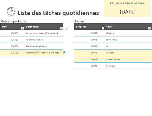 Liste des tâches quotidiennes Liste des tâches quotidiennes
