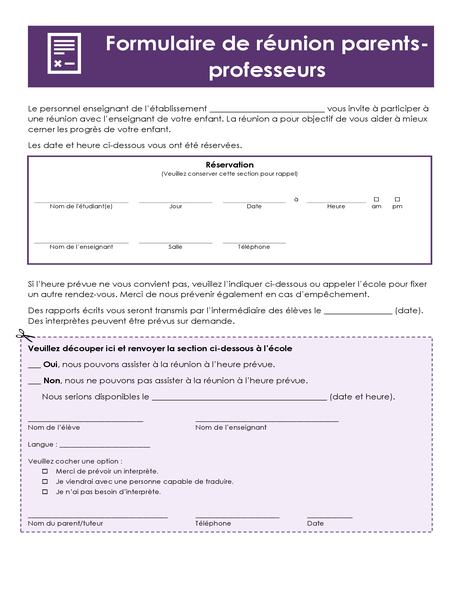 Formulaire Réunion parents-professeurs Formulaire Réunion parents-professeurs