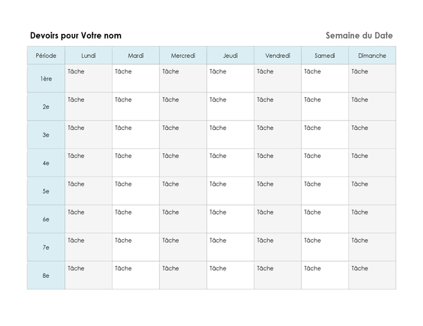 Programme hebdomadaire des devoirs Programme hebdomadaire des devoirs
