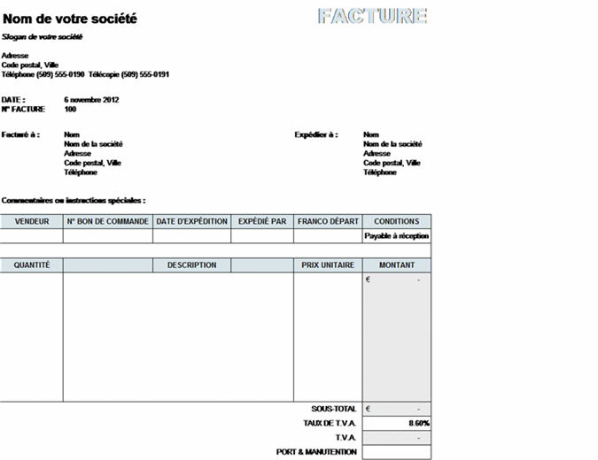 Facture avec calculs de la TVA et des frais d'expédition et de manutention