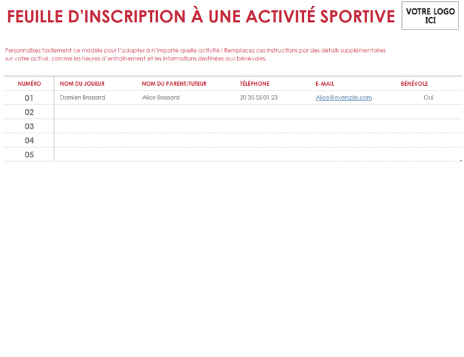 Feuille d’inscription à une activité sportive Feuille d’inscription à une activité sportive