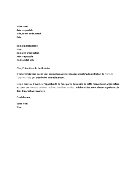 Lettre de démission du conseil d’administration Lettre de démission du conseil d’administration