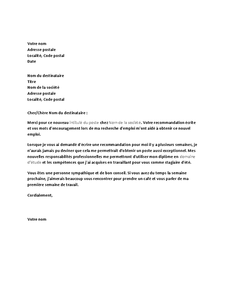Lettre de remerciement d’ancien responsable suite à une référence pour une candidature réussie Lettre de remerciement d’ancien responsable suite à une référence pour une candidature réussie