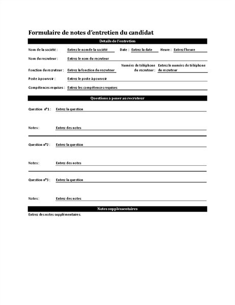 Formulaire de notes d’entretien du candidat Formulaire de notes d’entretien du candidat