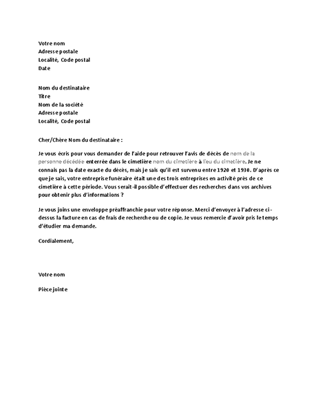 Lettre de demande d’informations généalogiques de l’entreprise funéraire Lettre de demande d’informations généalogiques de l’entreprise funéraire