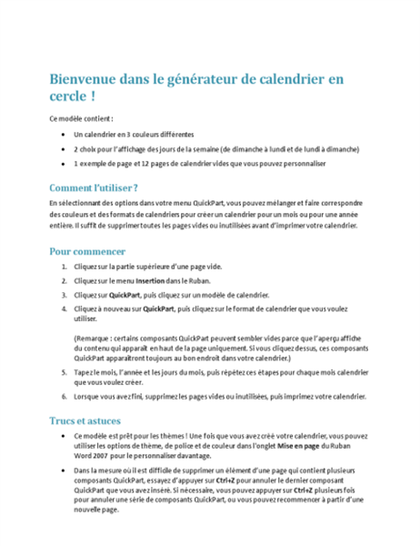 Générateur de calendrier mensuel (modèle cercle) Générateur de calendrier mensuel (modèle cercle)