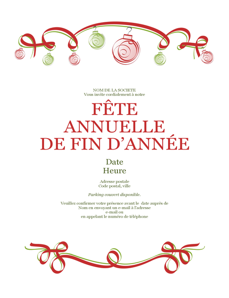 Invitation à une fête de fin d’année avec ornements et ruban rouge (conception formelle) Invitation à une fête de fin d’année avec ornements et ruban rouge (conception formelle)