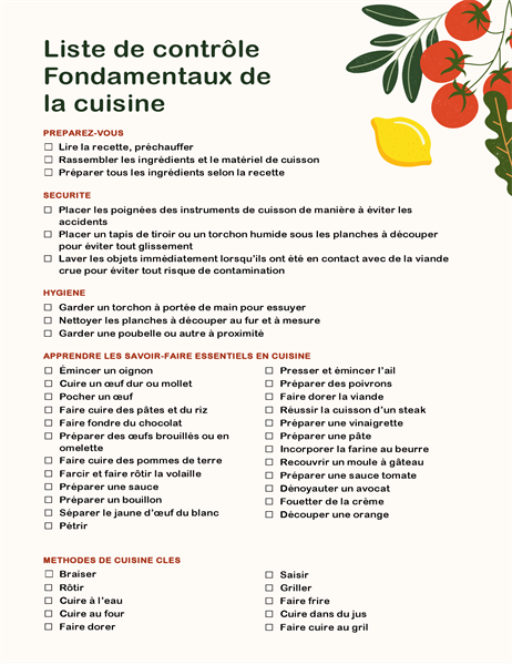 Liste de contrôle Fondamentaux de la cuisine Liste de contrôle Fondamentaux de la cuisine