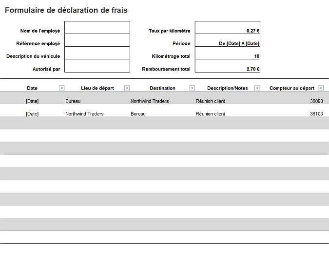 Formulaire de déclaration de frais Formulaire de déclaration de frais