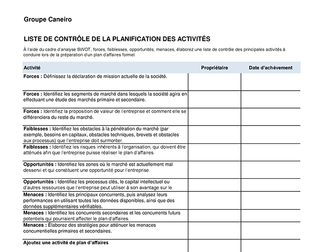 Liste de contrôle de plan de développement Liste de contrôle de plan de développement