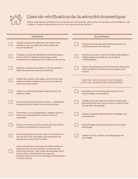 Liste de contrôle de sécurité domestique Liste de contrôle de sécurité domestique