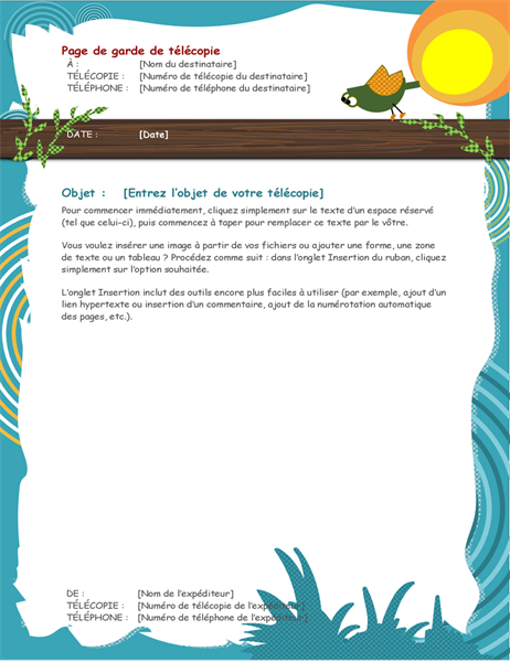 Page de garde de télécopie Oiseau de dessin animé Page de garde de télécopie Oiseau de dessin animé