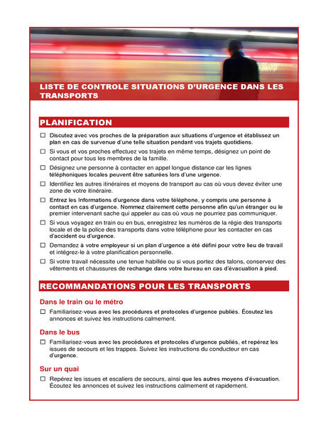 Liste de contrôle Situations d’urgence dans les transports Liste de contrôle Situations d’urgence dans les transports