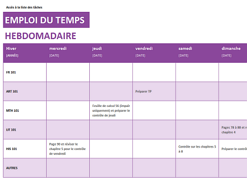 Emploi du temps hebdomadaire Emploi du temps hebdomadaire