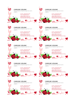 Cartes de visite (coccinelles et cœurs, alignées à gauche, 10 par page)