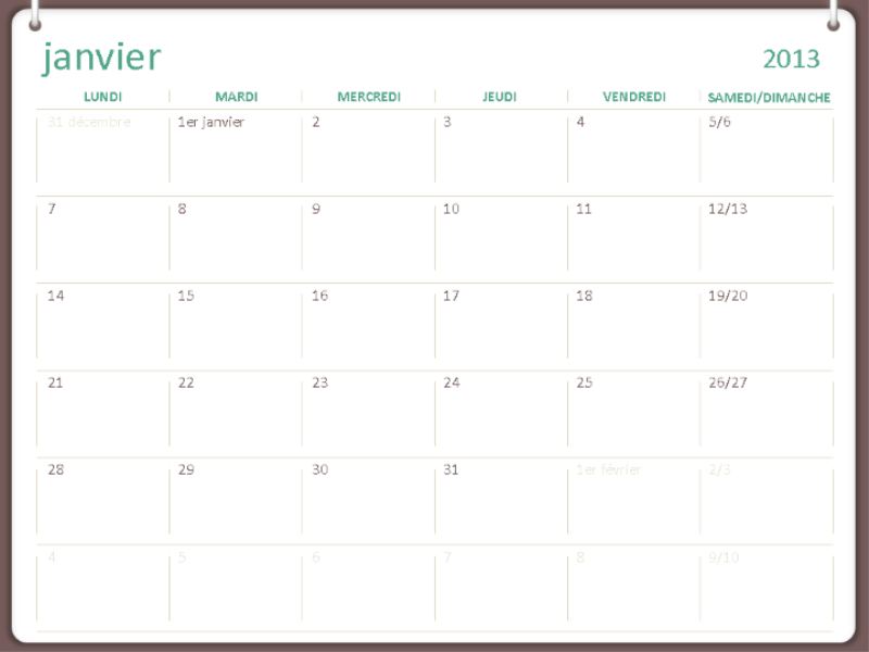 Calendrier 2013 modèle deux anneaux (Lun-dim) Calendrier 2013 modèle deux anneaux (Lun-dim)