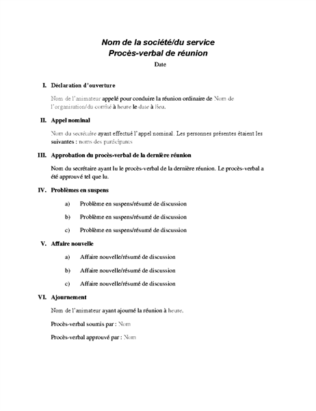 Procès-verbal de réunion formelle Procès-verbal de réunion formelle
