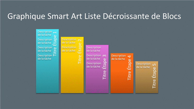 Diapositive SmartArt Liste décroissante de blocs (plusieurs couleurs sur gris), grand écran Diapositive SmartArt Liste décroissante de blocs (plusieurs couleurs sur gris), grand écran