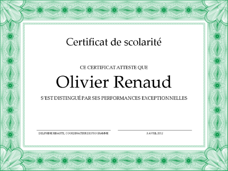 Certificat De Scolarité Formel Bordure Verte