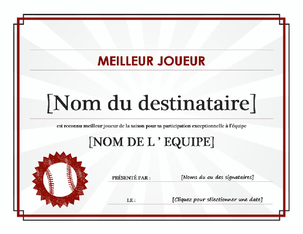 Certificat du meilleur joueur Certificat du meilleur joueur
