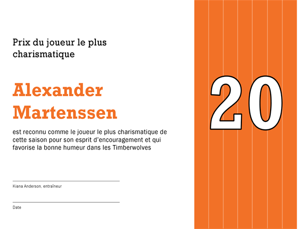 Certificat de récompense du joueur le plus charismatique (titre modifiable) Certificat de récompense du joueur le plus charismatique (titre modifiable)