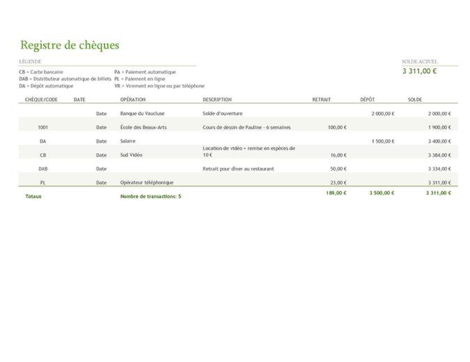 Registre de chèques contenant les codes des opérations Registre de chèques contenant les codes des opérations
