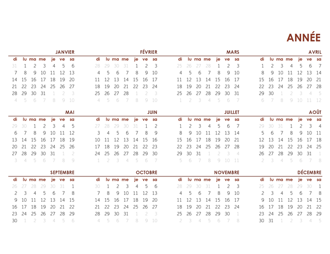 Calendrier annuel complet Calendrier annuel complet