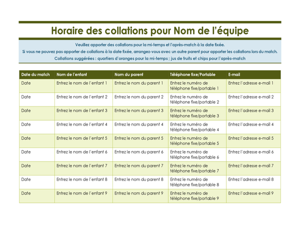 Feuille d’inscription pour les collations sports jeunesse Feuille d’inscription pour les collations sports jeunesse
