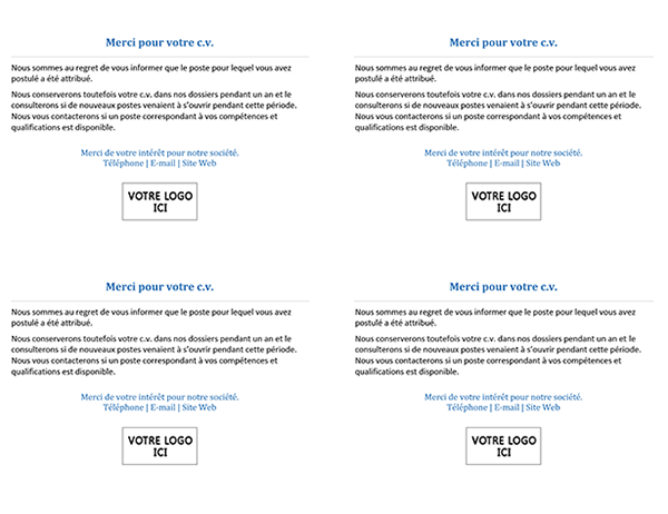 Carte postale pour que les candidats à un emploi lorsque le poste est attribué (4 par page) Carte postale pour que les candidats à un emploi lorsque le poste est attribué (4 par page)