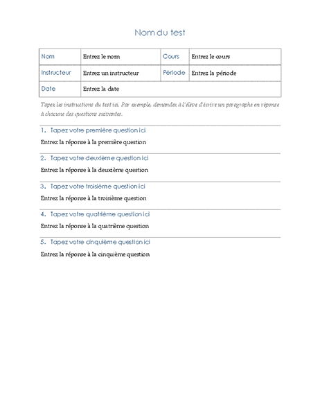 Test avec questions à développer