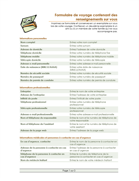 Formulaire contenant votre itinéraire de voyage et des renseignements sur vous Formulaire contenant votre itinéraire de voyage et des renseignements sur vous