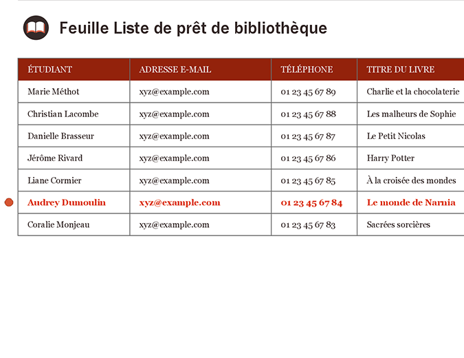 Feuille Liste de prêt de bibliothèque Feuille Liste de prêt de bibliothèque
