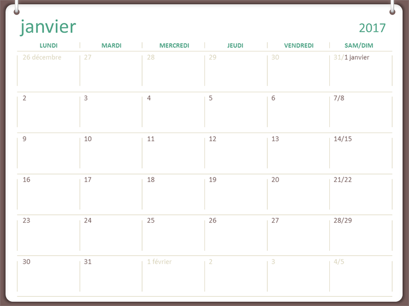Calendrier 2017 (lun-dim, deux anneaux) Calendrier 2017 (lun-dim, deux anneaux)
