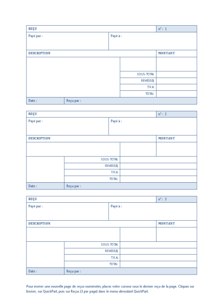 Reçu avec numérotation automatique (3 par page) Reçu avec numérotation automatique (3 par page)