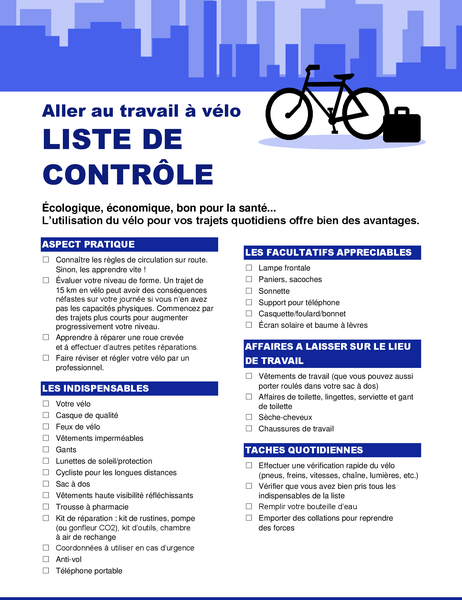 Liste de contrôle Trajets domicile-travail à vélo Liste de contrôle Trajets domicile-travail à vélo