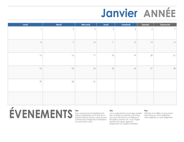 Calendrier horizontal (commençant le lundi) Calendrier horizontal (commençant le lundi)