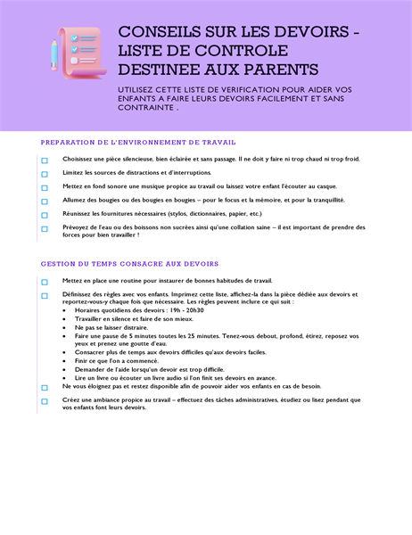 Conseils sur les devoirs - Liste de contrôle Conseils sur les devoirs - Liste de contrôle