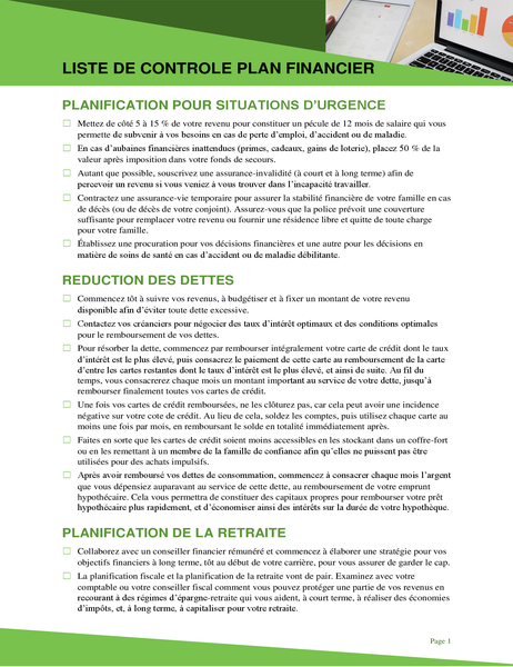 Liste de contrôle de plan financier Liste de contrôle de plan financier