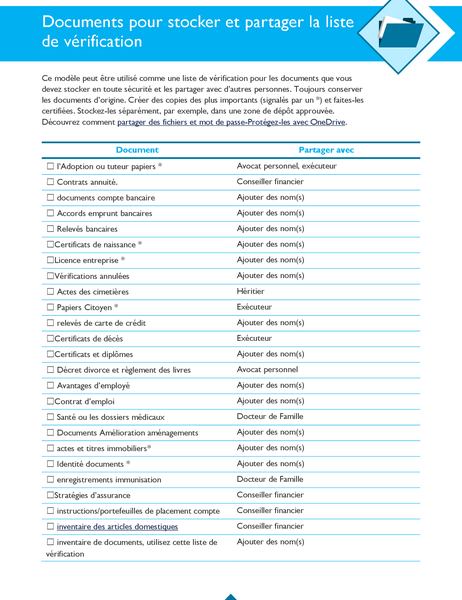 Documents pour stocker et partager la liste de vérification Documents pour stocker et partager la liste de vérification