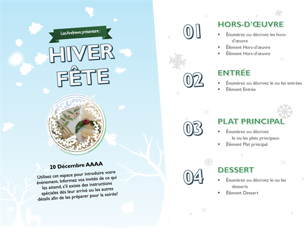 Menu photo vacances à la neige Menu photo vacances à la neige