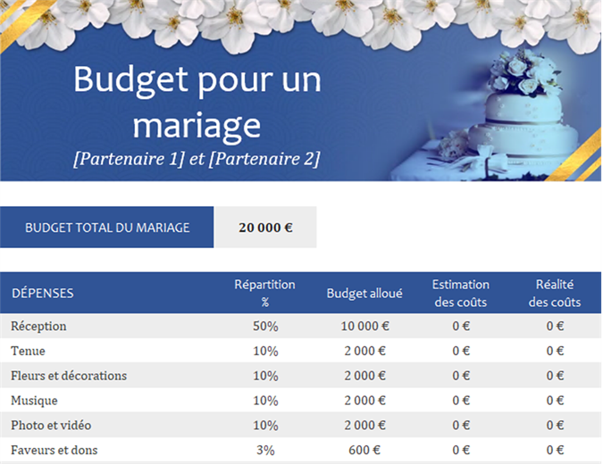 Outil de suivi du budget de mariage Outil de suivi du budget de mariage