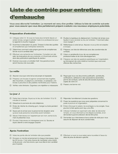 Liste de contrôle pour entretien d’embauche Liste de contrôle pour entretien d’embauche