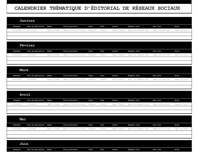 Calendrier éditorial de plateforme de réseau social Calendrier éditorial de plateforme de réseau social