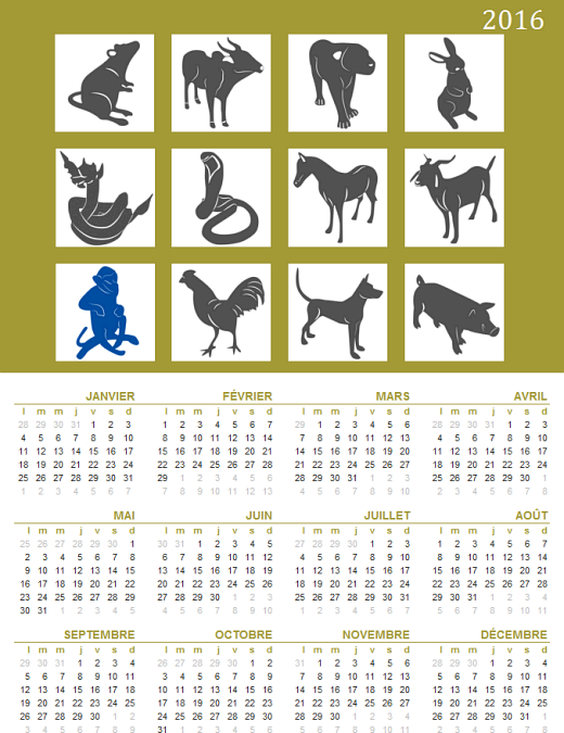 Calendrier perpétuel avec les signes du zodiaque oriental (Lun-Dim) Calendrier perpétuel avec les signes du zodiaque oriental (Lun-Dim)