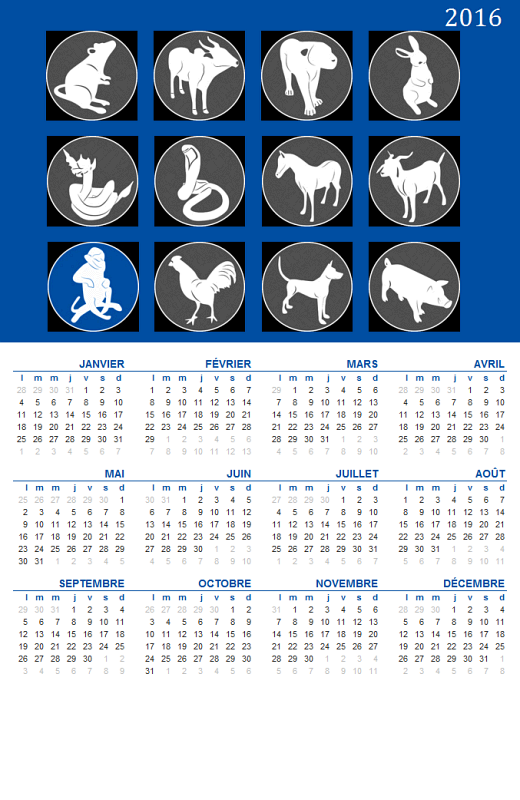 Calendrier perpétuel avec les signes du zodiaque oriental (Lun-Dim) Calendrier perpétuel avec les signes du zodiaque oriental (Lun-Dim)