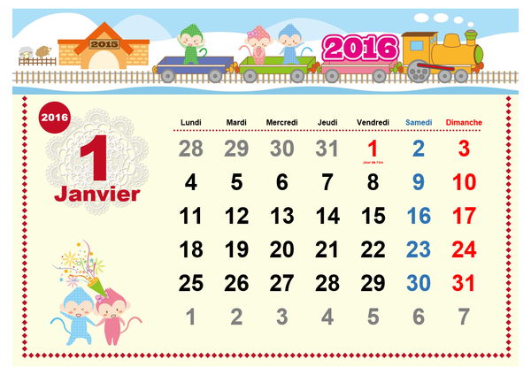 Calendrier mensuel 2016 avec jours fériés (design enfantin, Lun-Dim) Calendrier mensuel 2016 avec jours fériés (design enfantin, Lun-Dim)