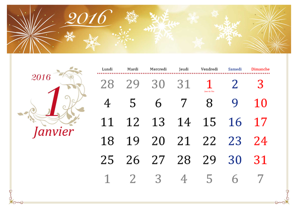 Calendrier annuel 2016 illustré avec jours fériés (design élégant, Lun-Dim) Calendrier annuel 2016 illustré avec jours fériés (design élégant, Lun-Dim)