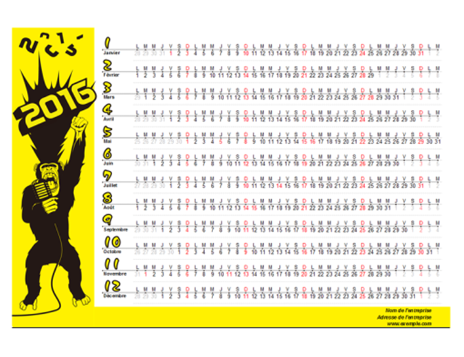 Calendrier annuel 2016 avec jours fériés (singe noir sur fond jaune, Lun-Dim) Calendrier annuel 2016 avec jours fériés (singe noir sur fond jaune, Lun-Dim)