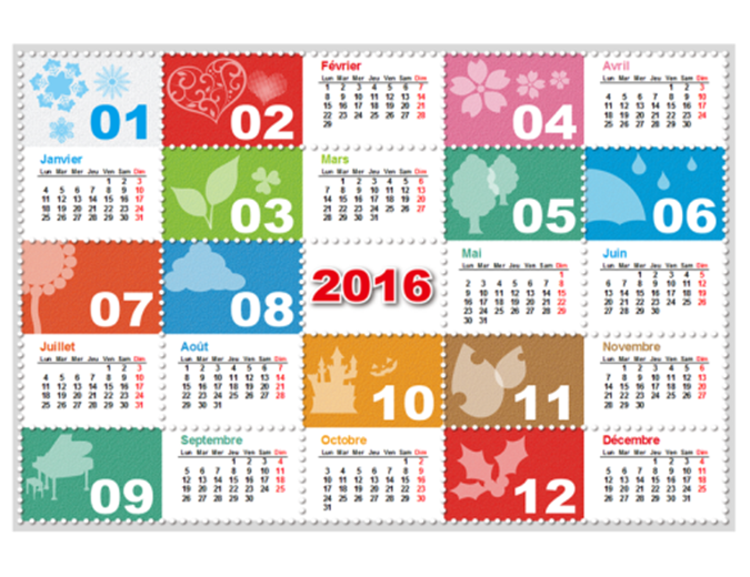 Calendrier annuel 2016 saisonnier coloré avec illustrations (Lun-Dim) Calendrier annuel 2016 saisonnier coloré avec illustrations (Lun-Dim)