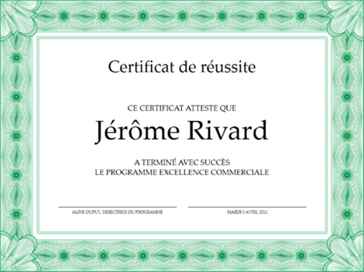 Certificat de réussite (vert) Certificat de réussite (vert)